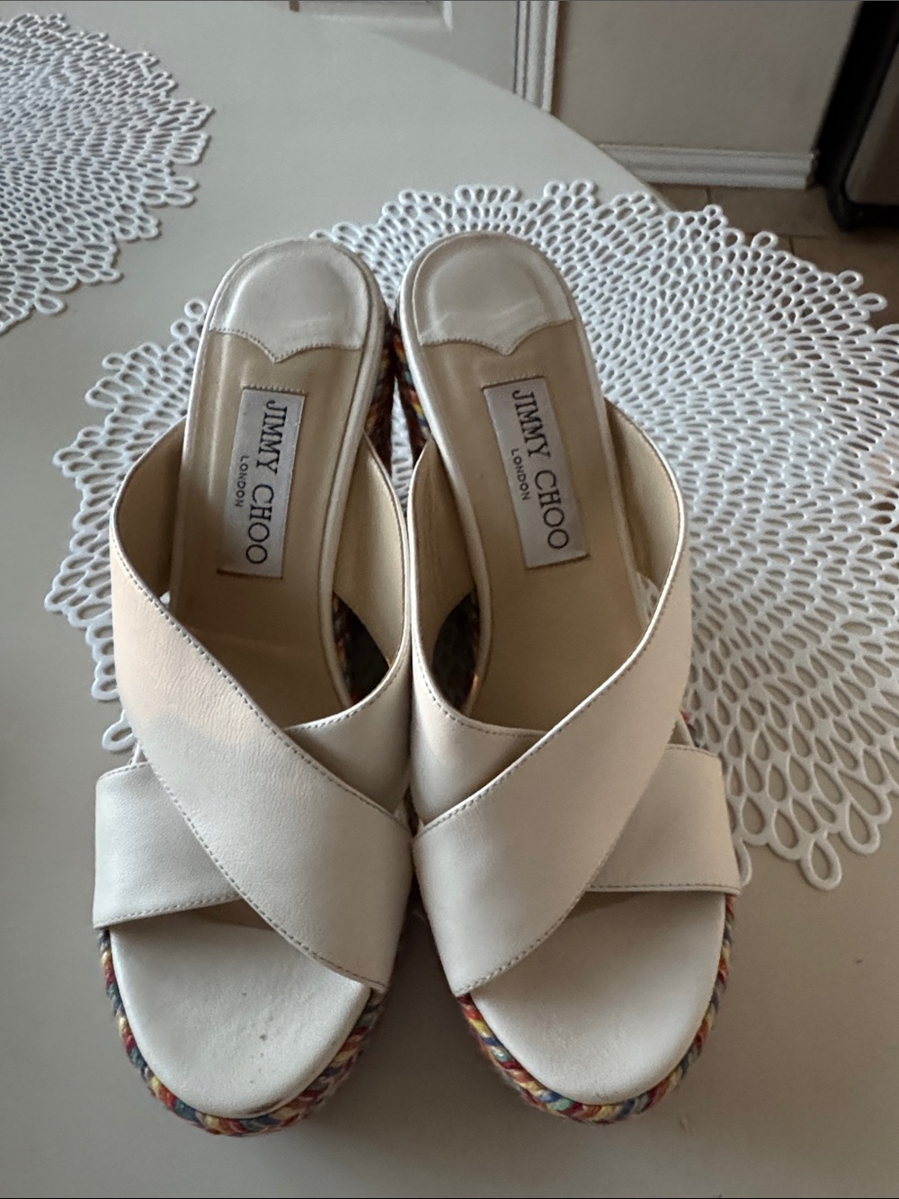 Jimmy Choo Cream Cross-Strap Platform Sandals with Multicolor Braided Trim